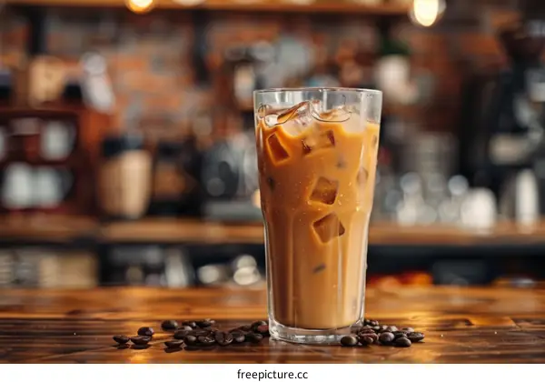 Iced coffee in a tall glass on a wooden table