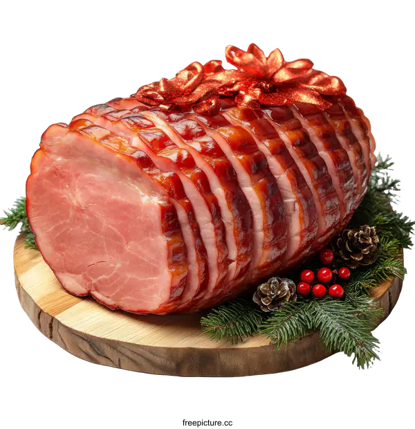 [Transparent Background PNG]Sliced Christmas Ham on Wooden Board