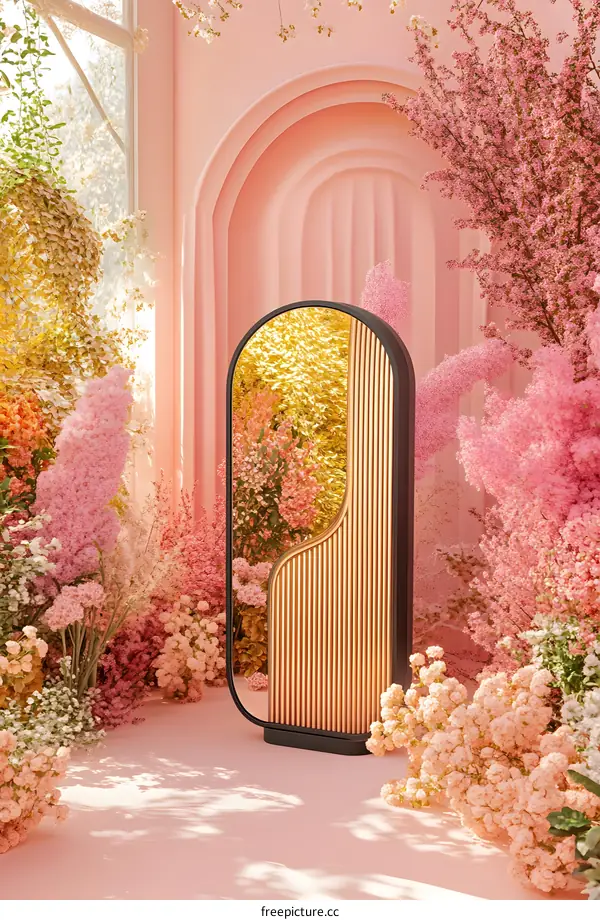 Golden Mirror with Flower Decor in Pink Room