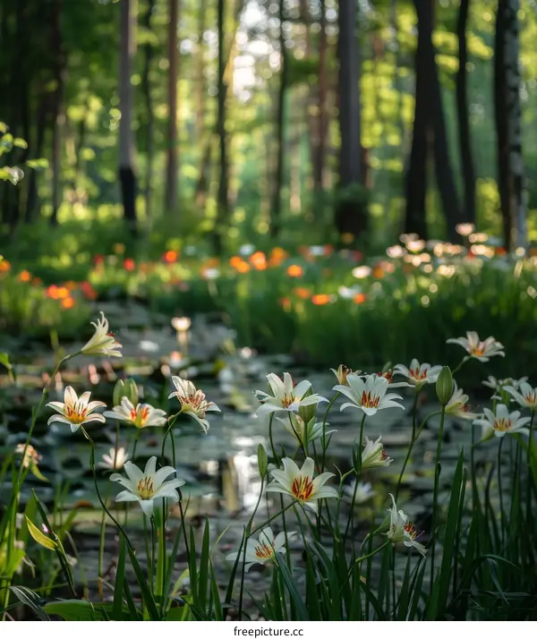 Tranquil Pond with Blooming White Flowers in Lush Green Forest