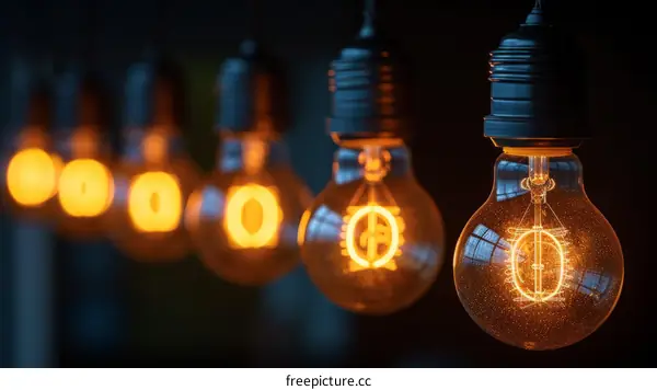 Glowing Light Bulbs Hanging in the Dark