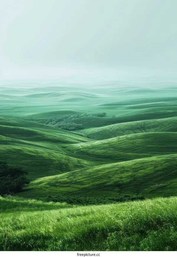 Green rolling hills under a white sky
