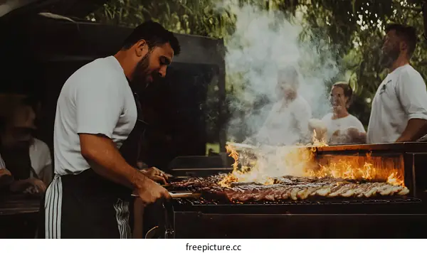Man Grilling Meat on a Barbecue Grill Outdoors