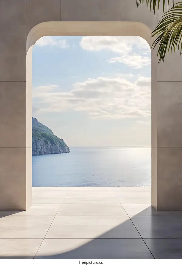 Modern Minimalist Architecture with Ocean View Through Curved Archway