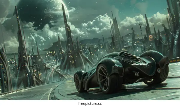 Futuristic Cityscape with a Flying Automobile