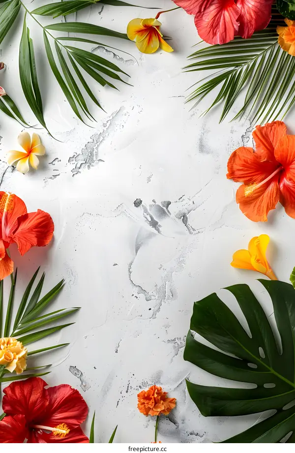 Tropical Flowers and Palm Leaves on White Background