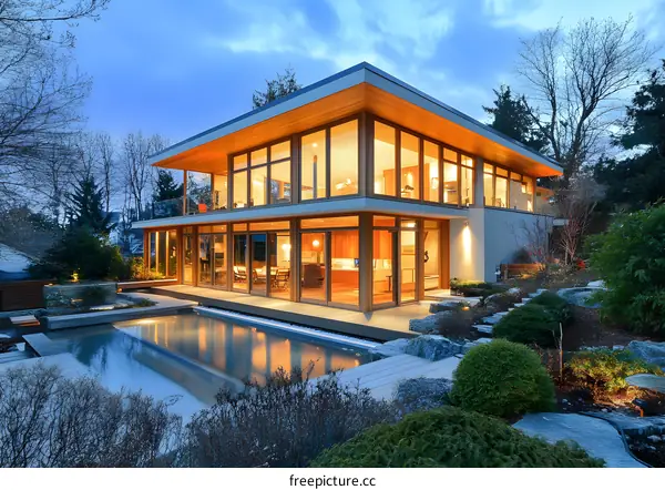 Modern Home with Swimming Pool and Backyard Landscape