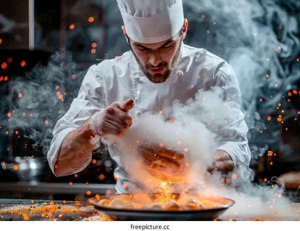 Chef cooking food in a restaurant kitchen