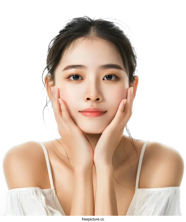 [Transparent Background PNG]Portrait of Young Asian Woman with Hands on Cheeks