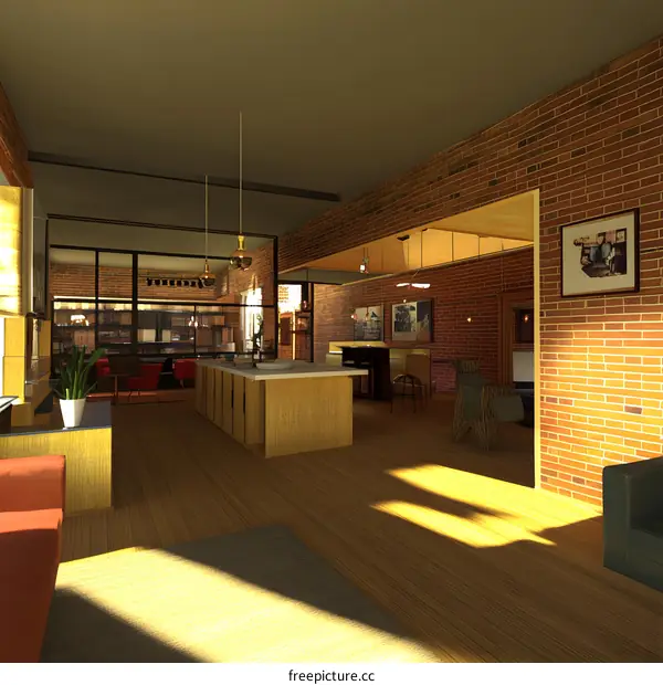 Modern Interior Design of a Kitchen with Brick Walls and Wooden Floors