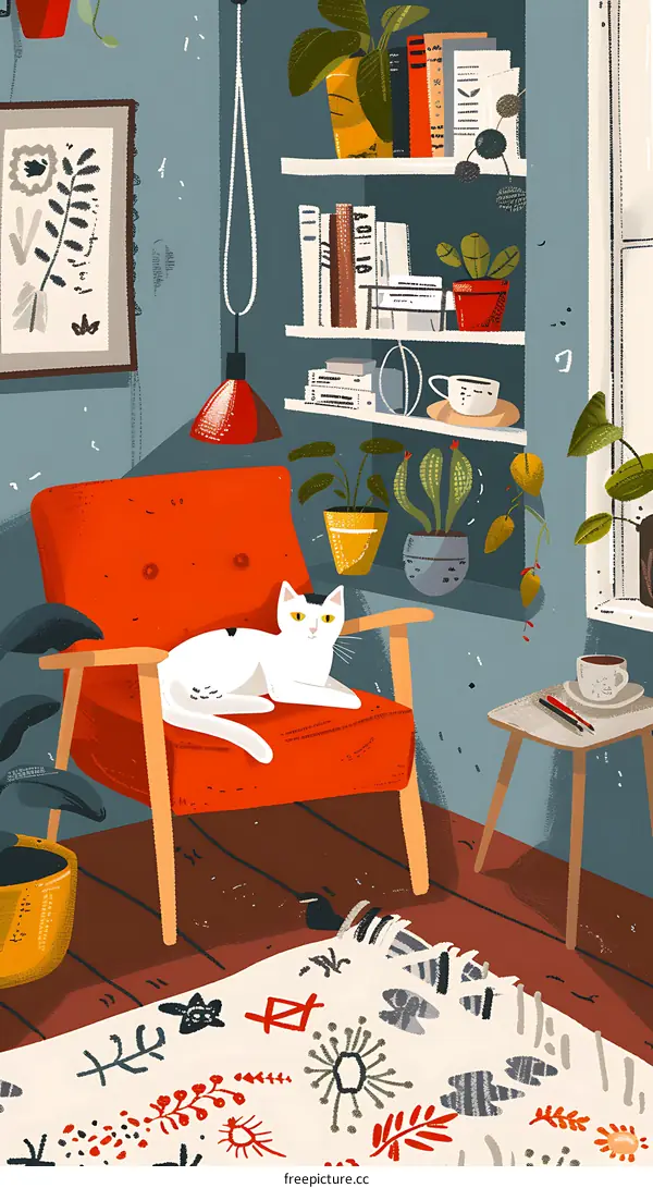 Cozy Living Room Illustration With Red Chair, Cat, Plants and Books
