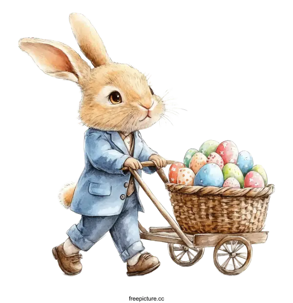 [Transparent Background PNG]Cute Easter Bunny in a Suit Pushing a Cart Full of Eggs