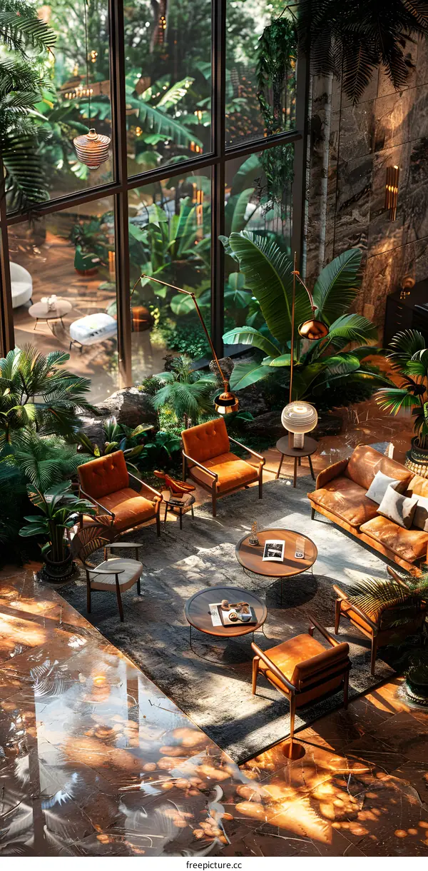 Tropical Interior Design with Large Windows and Plants