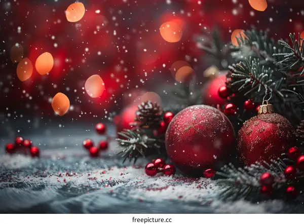 Red and white Christmas ornaments on a snowy background