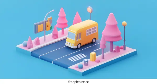 Low Poly 3D Rendered Cityscape with Yellow Van