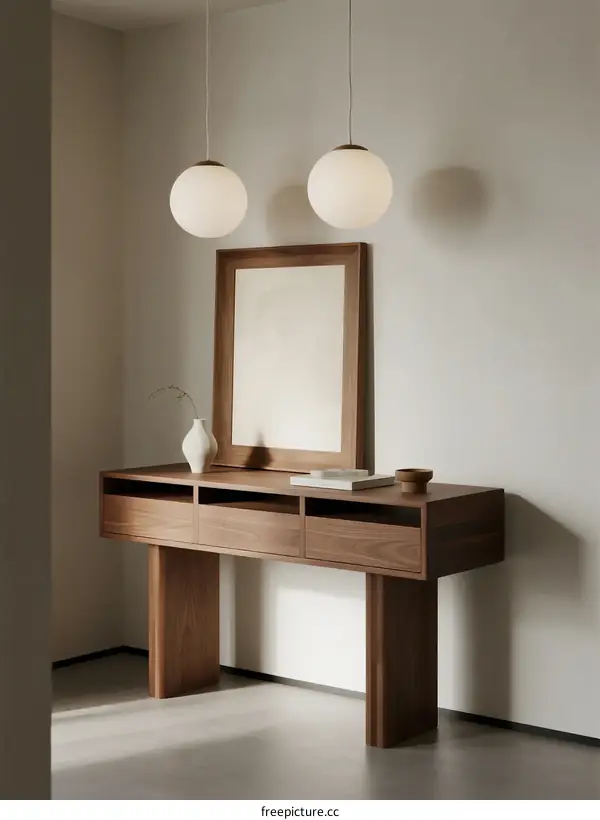 Minimalist wooden console table with mirror and pendant lights