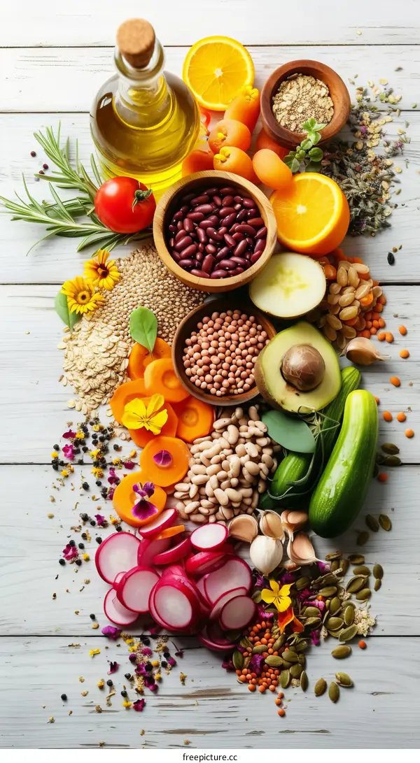 A variety of wholesome and nutritious food ingredients on a light wooden backdrop