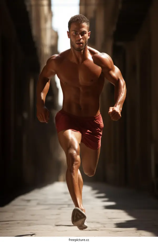 muscular man running in narrow street