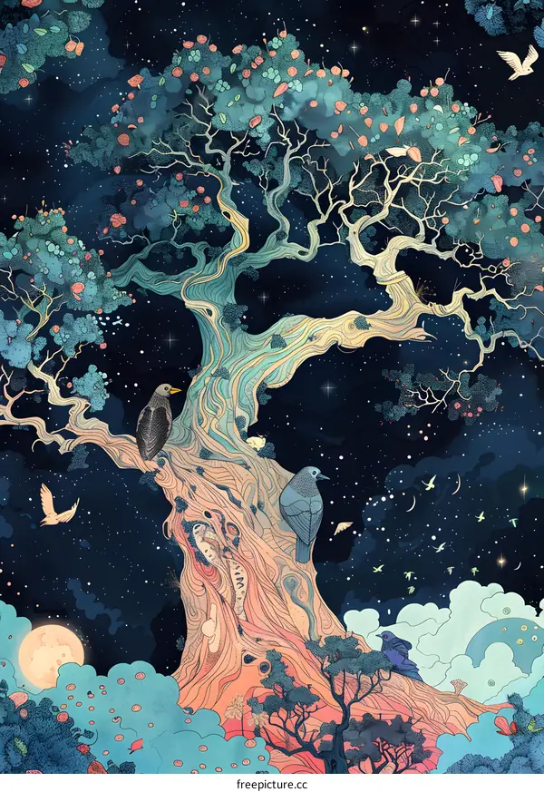 Night Sky with Large Tree and Birds Illustration
