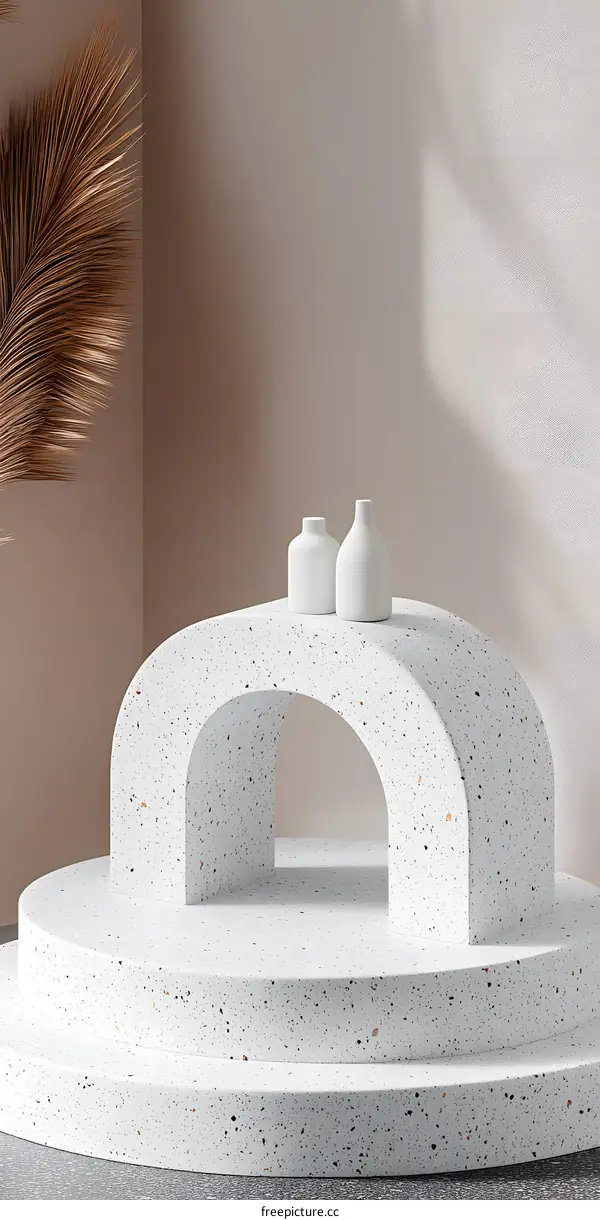 Minimalist White Terrazzo Podium with Palm Leaf