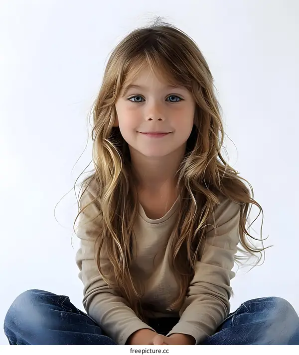 Portrait of a cute little girl with long blond hair and blue eyes