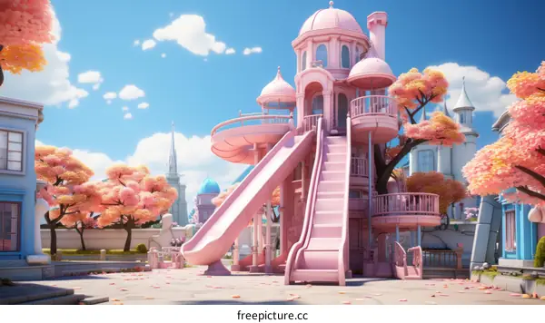 Cartoon house with slide and tree growing through