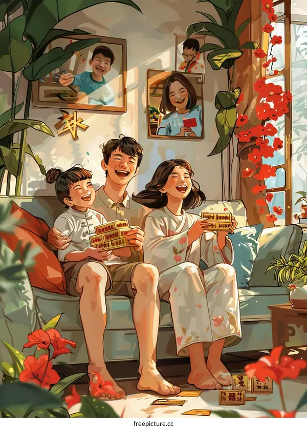 A happy family is celebrating the Spring Festival