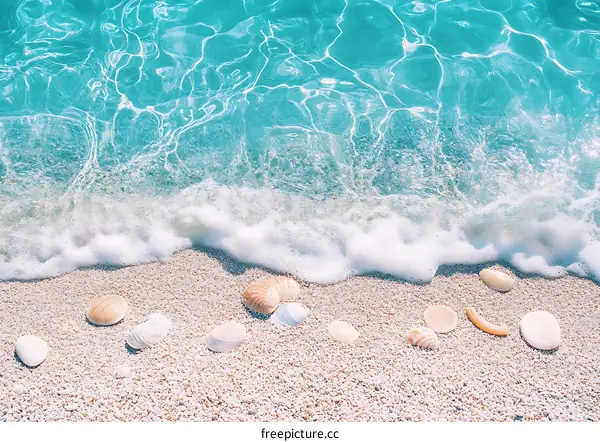 Seashells on Sandy Beach with Turquoise Water