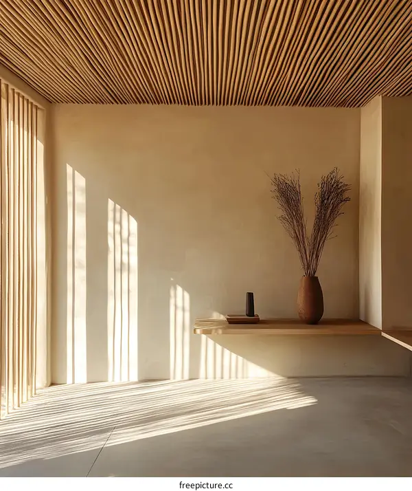 Minimalist Interior Design with Wooden Ceiling and Natural Light