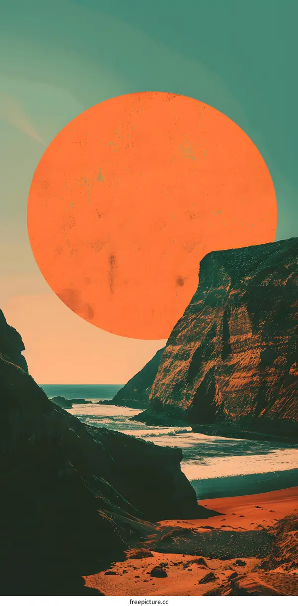 Orange Sun Over Sea Cliffs Abstract Landscape Art