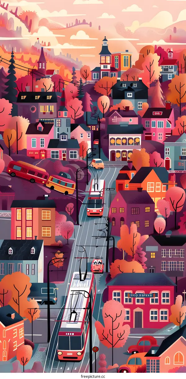 Autumn Landscape with Buildings and Tramway
