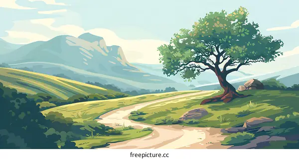 Countryside Landscape with Winding Path and Mountain View