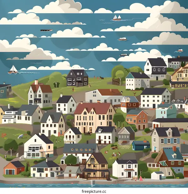Coastal Town Illustration with Houses and People