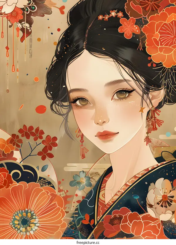 A beautiful Japanese woman in a kimono with red and pink flowers in her hair and a traditional Japanese hair bun