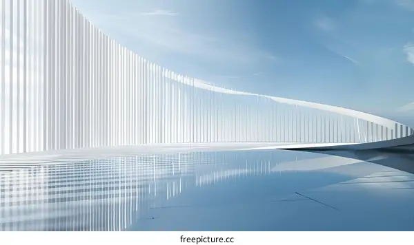 Futuristic white architecture with curved surfaces and reflecting pool