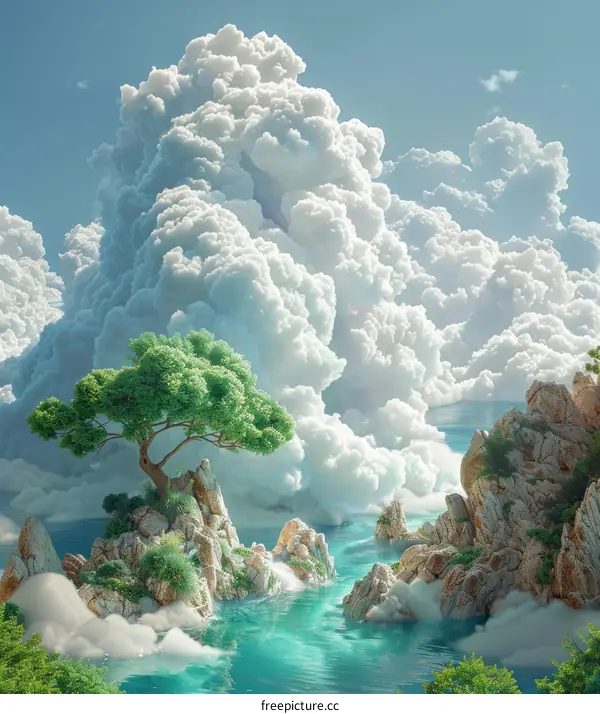 Fantastic Cloud Mountain Island Landscape Illustration