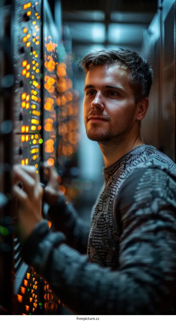 A technician is working on a server in a data center.