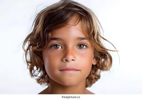 Portrait of a boy with freckles and brown hair
