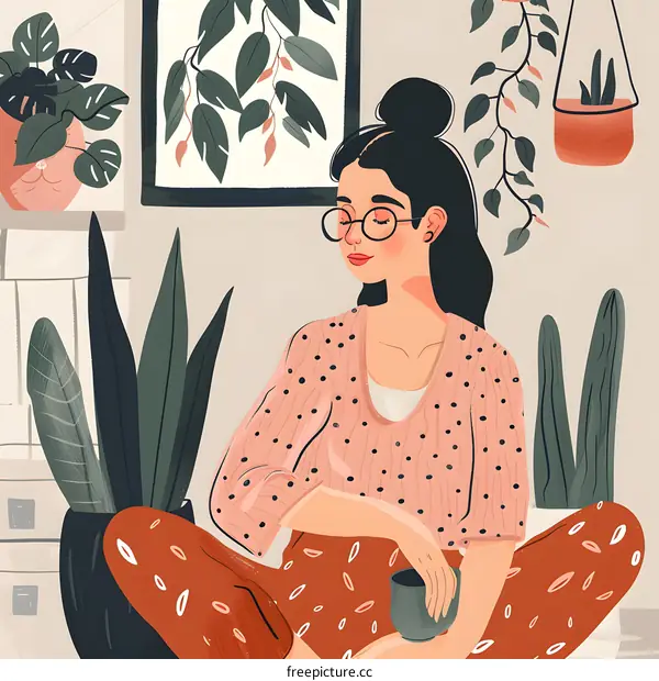 Woman in Pink Sweater Sitting in a Room with Plants