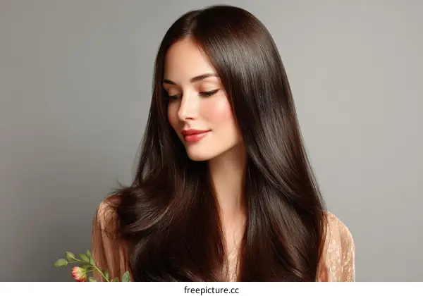 Beautiful Woman with Long Brown Hair and Blush