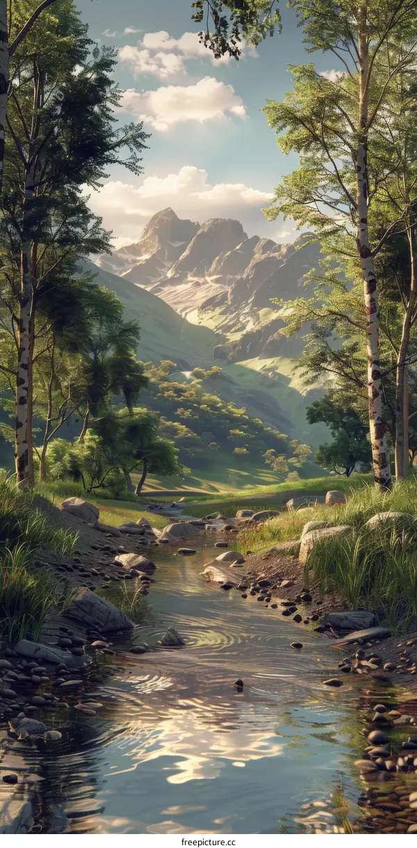 Mountain Stream in Valley with Lush Trees and Distant Mountains