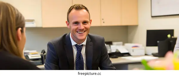 Smiling Businessman In Office Meeting With Female Colleague