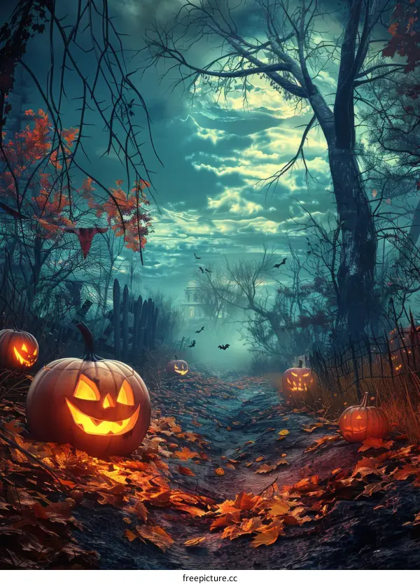 Spooky Night with a Pumpkin under the Moon and Bats