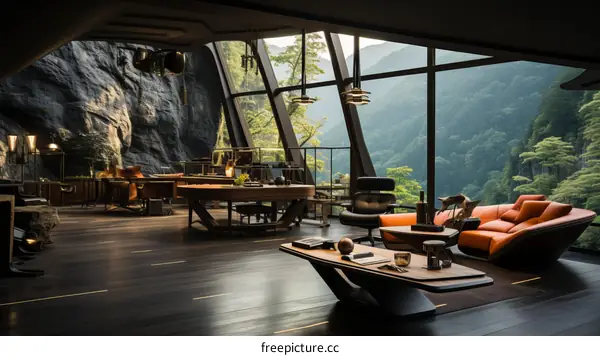 Modern Living Room with Floor-to-Ceiling Windows and Stone Walls