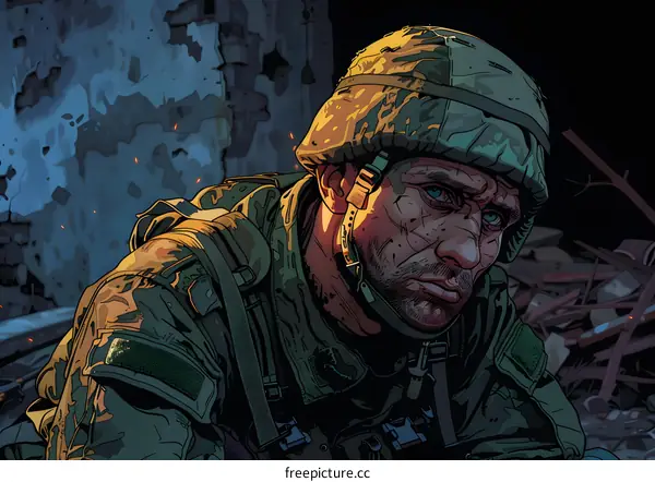 A soldier wearing a helmet looks sad and tired in the middle of a war zone