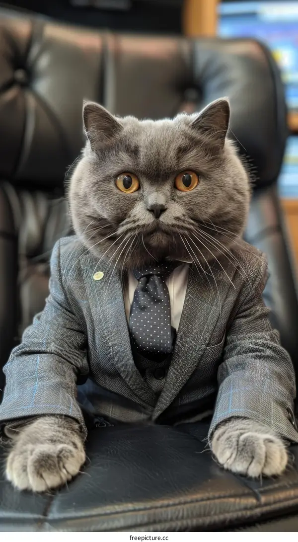 A sophisticated gray cat in a suit and tie sits on a luxurious chair