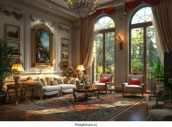 European style living room with white sofa and two armchairs