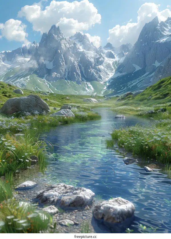 Snow-capped mountains with a river flowing through the valley