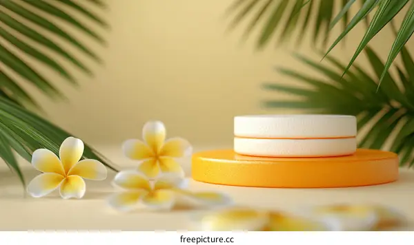 Tropical Product Display Stand with Plumeria Flowers