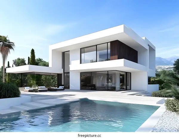 Modern White House With Swimming Pool And Palm Trees